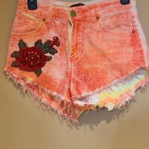 Women's Coral Tie-Dye Embroidered Denim Shorts